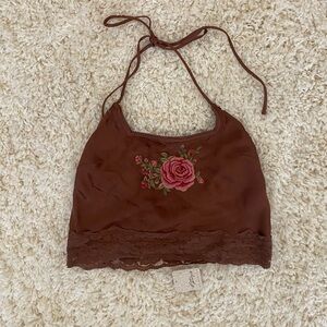 Free People Embroidered Rose Halter Crop Top - Brown